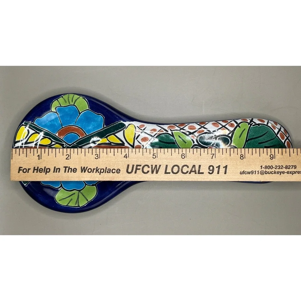 Talavera Pottery Spoon Rest Hand Painted Floral Mexican Folk Art Blue 10